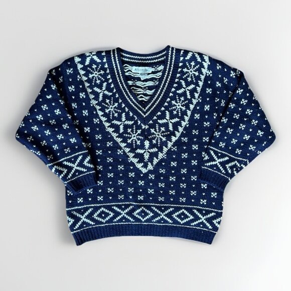Vintage Illustrations Nordic 100% Shetland Wool Sweater Women's Size Small Blue - Picture 1 of 7